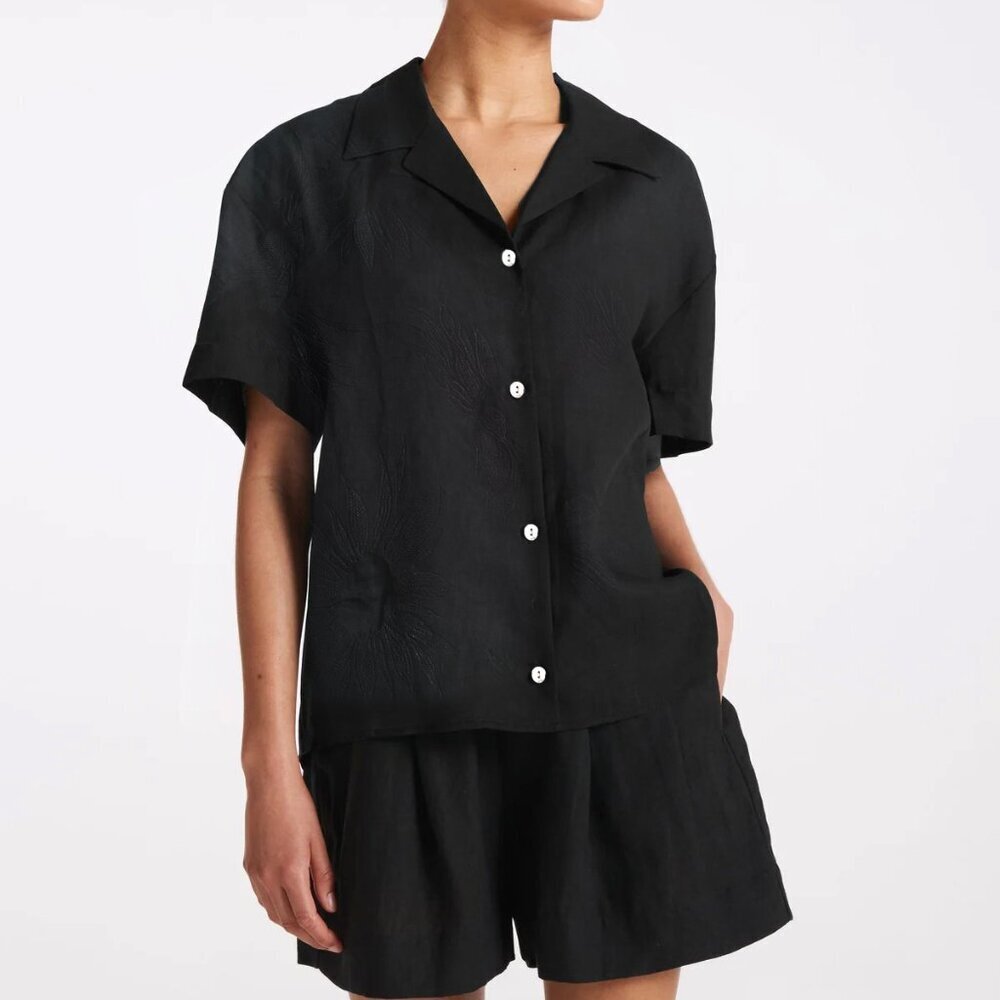 Joie Boxy Black Cropped Embroidered Linen Blouse Shell Buttons Medium
